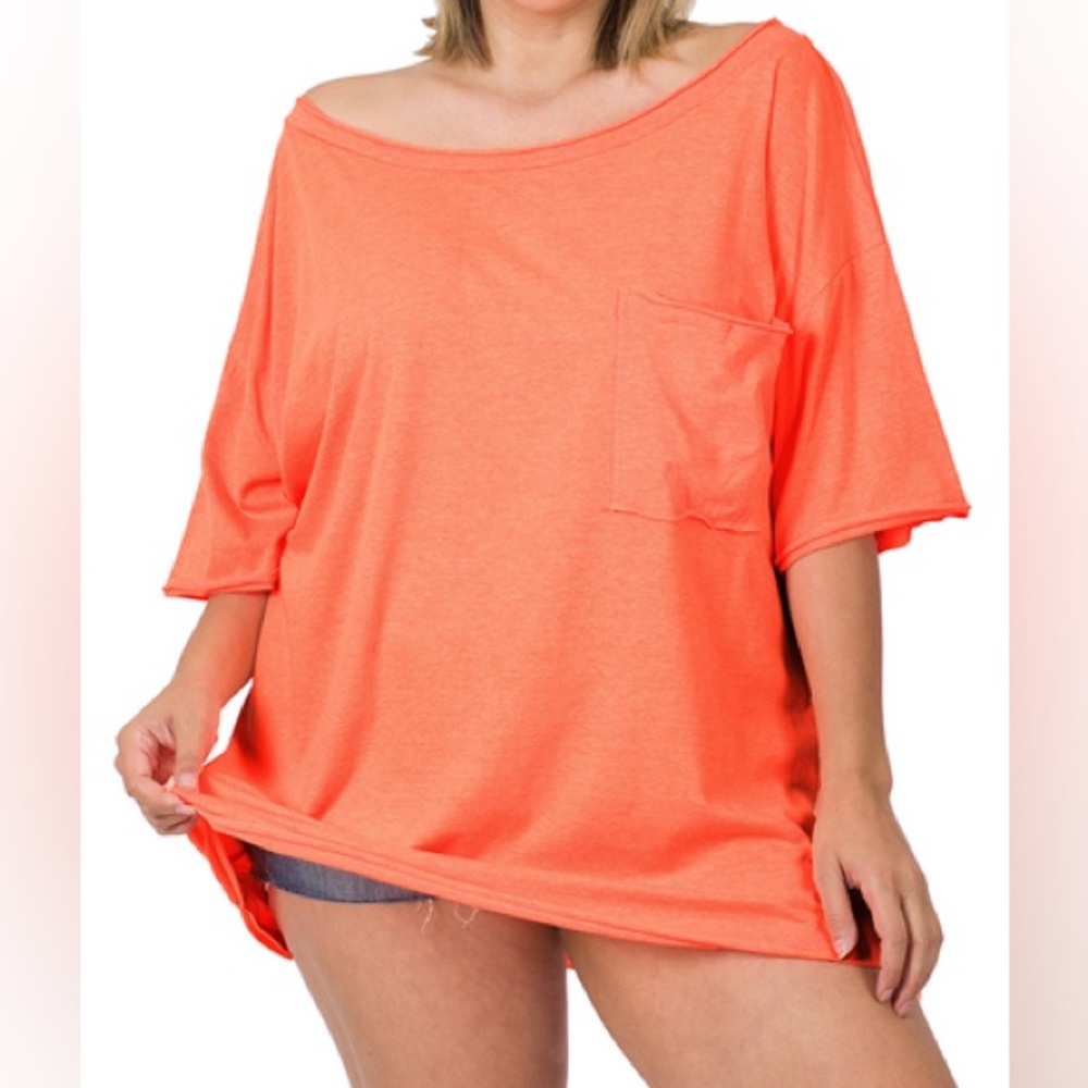 NEON CORAL 🪸 PLUS OVERSIZED BOAT NECK FRONT POCKET RAW EDGE BOYFRIEND TEE